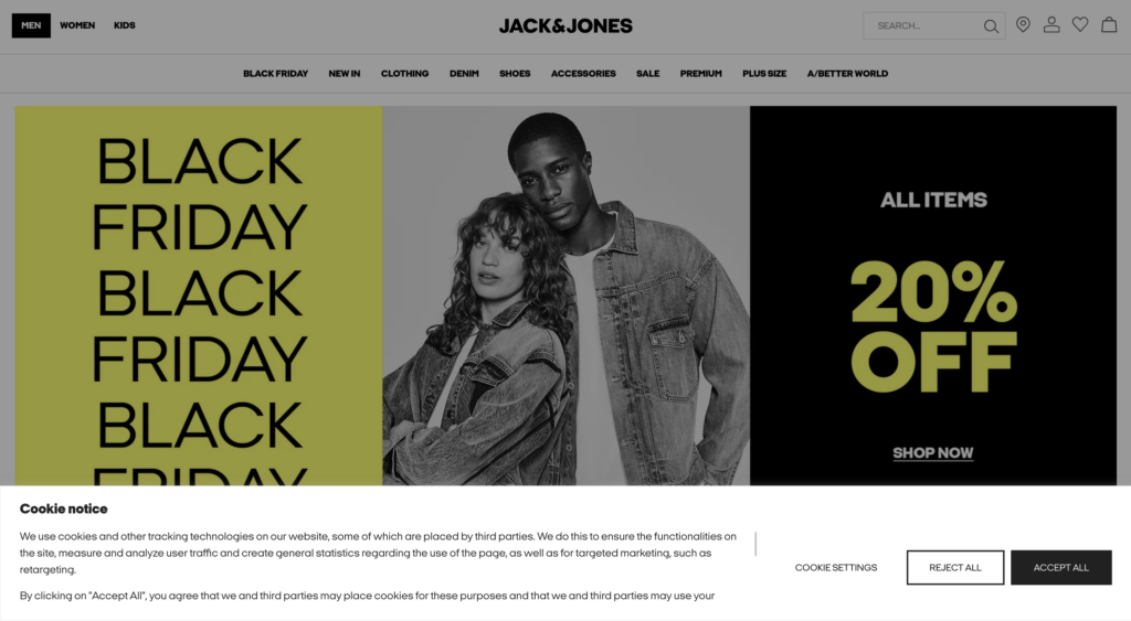 Jack and Jones website features a cookie banner, powered by CookieYes.